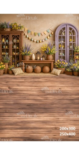 Tło fotograficzne z kolorowymi dekoracjami wielkanocnymi i drewnianą komodą | E598